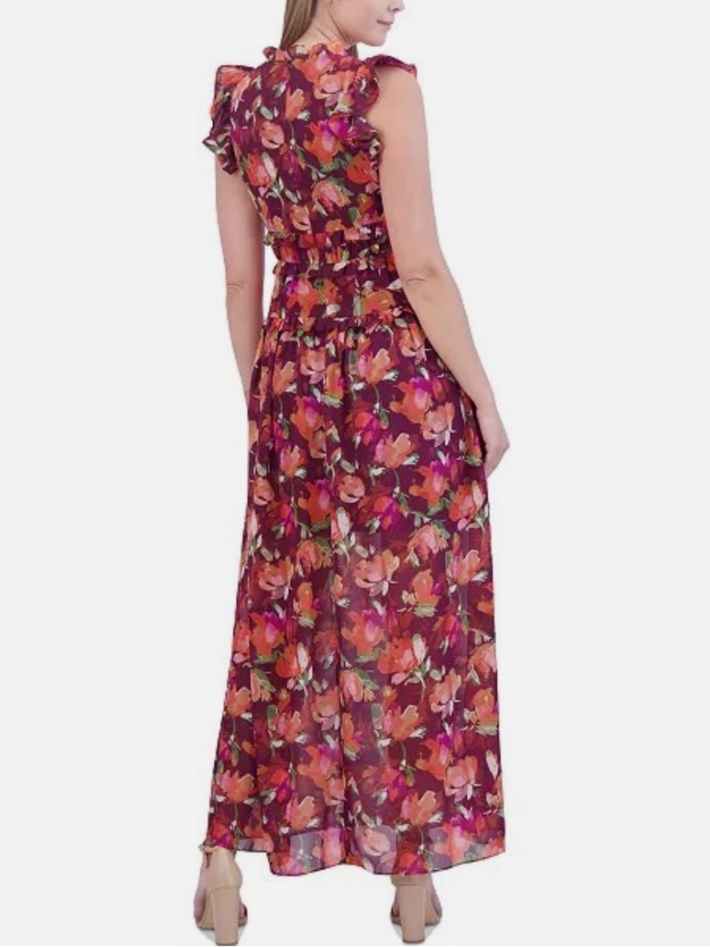 Vince Camuto Burgundy Floral Ruffled Chiffon Maxi Dress - Picture 7 of 7